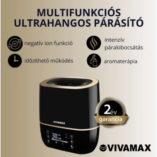 Vivamax GYVH59 multifunkciós ultrahangos párásító 5l-es víztartállyal, fekete/arany szín  