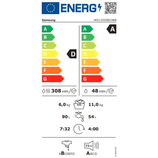 Samsung WD11DG5B15BBLE mosó-szárítógép, gőz, Wifi, 11/6 kg, 60x60x85 cm, fekete szín 