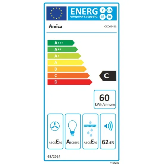 Amica OKC6242S beépíthető falra szerelhető döntött kürtös konyhai elszívó, 60x28.3x106 cm, feketére festett acél szín 