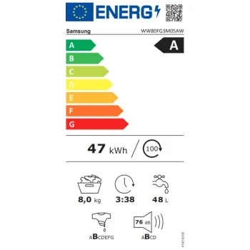 Samsung WW80FG3M05AWLF elöltöltős mosógép, 8 kg, gőz, inverter motor, 59.5x48x85 cm 