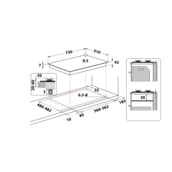 Whirlpool GMWL 728/IXL beépíthető gáz főzőlap, 73x51x4.1 cm, 5 gázégő, wok égőfej, inox ixelium szín