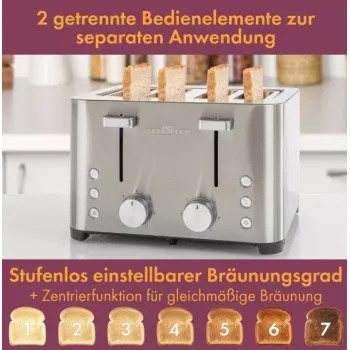 Proficook PC-TA 1252 kenyérpirító, 4 szeletes, 1500W, inox, retro design, kiolvasztás, melegítő funkcióval