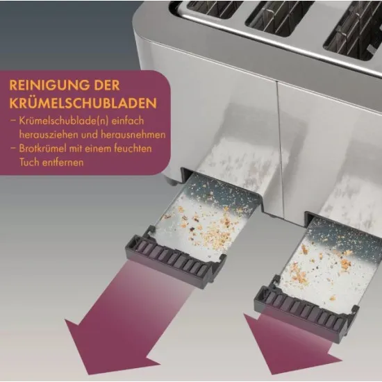 Proficook PC-TA 1252 kenyérpirító, 4 szeletes, 1500W, inox, retro design, kiolvasztás, melegítő funkcióval