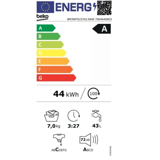 Beko BM3WFSU37013WW elöltöltős mosógép, 7 kg, inverter motor, 60x49.6x84.5 cm 