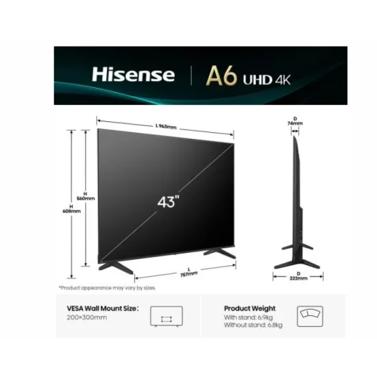 Hisense 43A6Q UHD Smart LED TV, 43", 109.22 cm