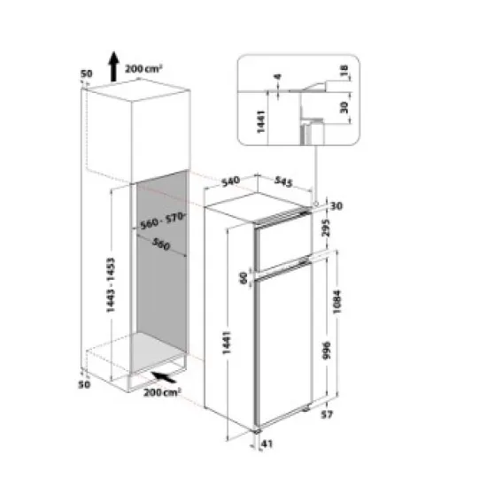 Whirlpool ART 3802 beépíthető felülfagyasztós kombinált hűtőszekrény, 178/40L, Zen Inverter Kompresszor, 54x54.5x144.1 cm, acél szín 