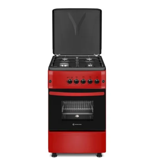 Novacook F5S40G2 R LPG gáztűzhely PB palackos felhasználásra gyártott, reduktorral tömlővel szerelt tűzhely, szikragyújtás, sütővilágítás, gáz grill, meggypiros/fekete szín