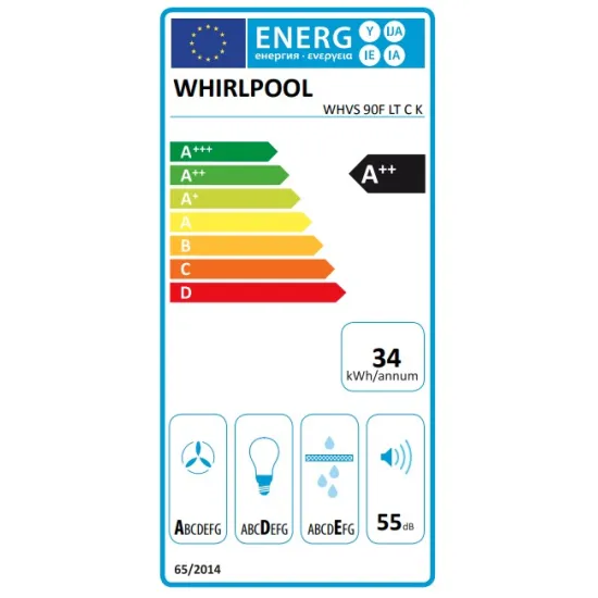 Whirlpool WHVS 90F LT C K beépíthető falra szerelhető döntött kürtös konyhai elszívó, 50.4x37x89.8 cm, fekete szín 
