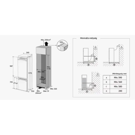 Samsung BRB70F26CEF0EO No Frost beépíthető alulfagyasztós kombinált hűtőszekrény, WIFI, 193/74L, 54x55x177.5 cm 