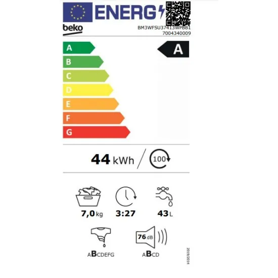 Beko BM3WFSU37413WPBB1 elöltöltős mosógép, 7 kg, inverter motor, 60x49.6x84.5 cm 