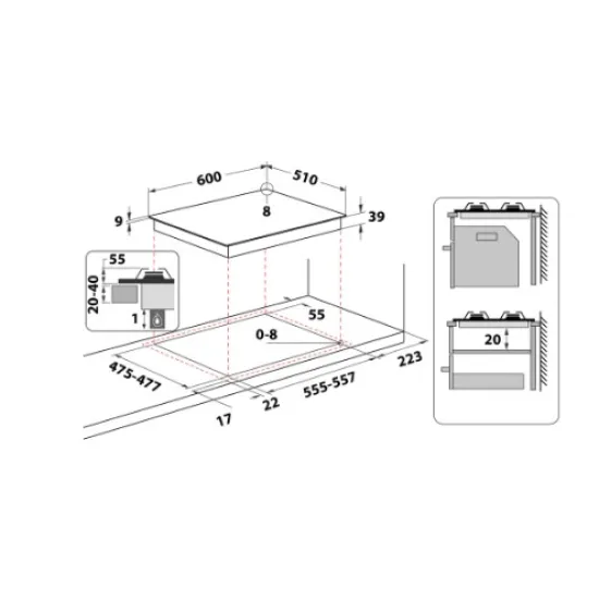 Whirlpool GMT 6422 OW beépíthető gáz főzőlap, 59x51x3.3 cm, wok égőfej, old white szín 