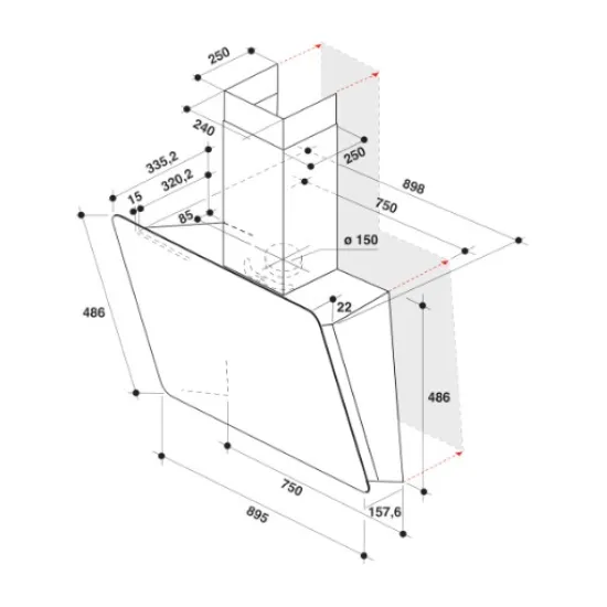 Whirlpool WHVS 93F LT BSS/1 beépíthető falra szerelhető döntött kürtös konyhai elszívó, 89.5x36.5x147.5 cm, fekete szín 