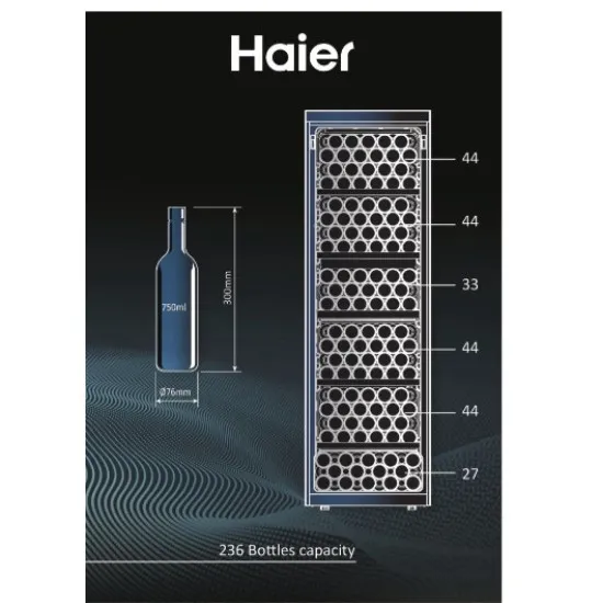 Haier HWS236GDEH1 borhűtő, 236 palack, Wifi+Bluetooth, 59.7x71.4x190 cm, fekete szín 