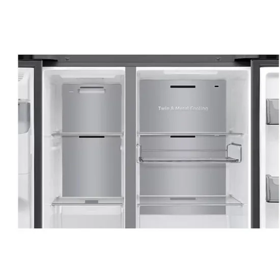 Samsung RS90F66BETEO side by side hűtőszekrény, AI Inverteres kompresszor, Wifi, 389/225L, 91.2x72.6x178.4 cm, Family Hub™, matt metál DOI szín 