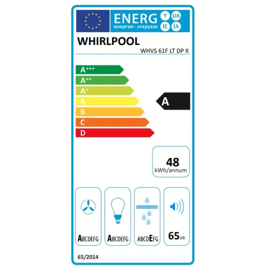 Whirlpool WHVS 61F LT DP K beépíthető falra szerelhető döntött kürtös konyhai elszívó, 59.8x37.1x147.5 cm, fekete szín
