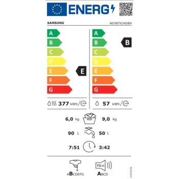 Samsung WD90T634DBH/S6 mosó-szárítógép, 9/6kg, inverter motor, Wifi, gőz, 60x65x85 cm
