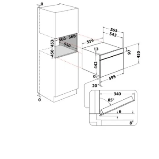 Whirlpool WCW9O7PHTSB beépíthető kompakt sütő és mikró, 53L, Crisp funkció, 950W, 55.9x54.3x45.5 cm, fekete szín 