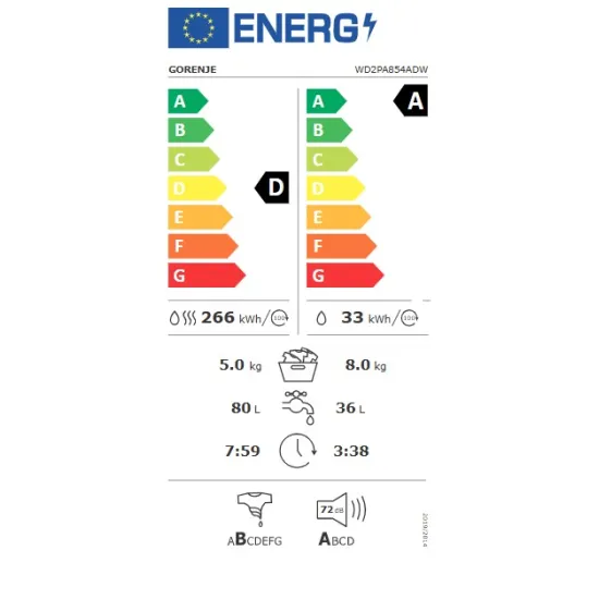 Gorenje WD2PA854ADW mosó-szárítógép, 8/5 kg, inverter motor, Wifi, gőz, 59.5x51x84.5 cm 