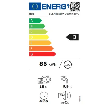 Beko BDSN28530X kezelőpaneles beépíhető mosogatógép, 15 teríték, automatikus ajtónyitás, 3 kosár,59.8x57x81.8 cm, ujjlenyomatmentes inox szín 