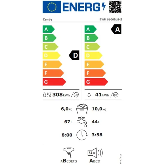 Candy BWR 6106BL8-S mosó-szárítógép, 10/6 kg, Wifi, gőz, inverter motor, 59.5x61.3x85 cm
