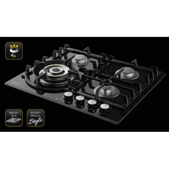 Sam Cook Vulcano PSC-VH-1060 beépíthető fekete üveg, gáz főzőlap, vulkán kővel ellátott WOK égővel, katalitikus égési technológiával