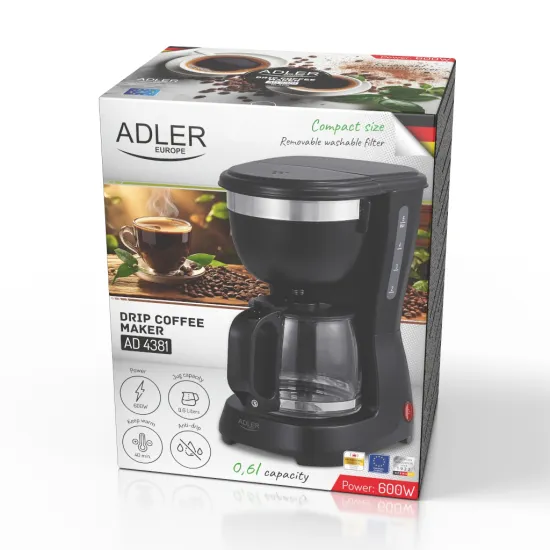 Adler AD4381 filteres tea-kávéfőző, 0.6L, 600W, fekete szín 