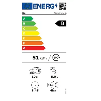 Eta 338290000B mosogatógép, 10 teriték, automatikus ajtónyitás, 3 kosár, 44.8x60x84.5 cm