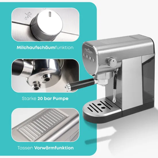 Proficook PC-ES/KA 1265 presszó kávéfőző 2az1 ben kompatibilis Nespresso kávékapszulával, tejhabosító funkció, 1360W, inox szín 