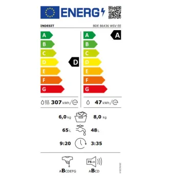Indesit BDE 86436 WSV EE mosó-szárítógép, 8/6 kg, inverter motor, gőz, 59.5x54x85 cm 