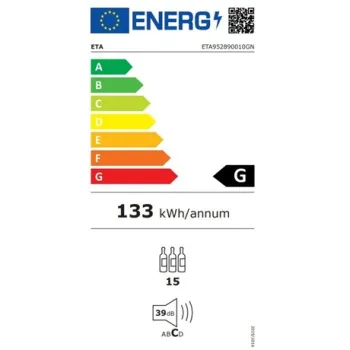 Eta 952890010GN kompresszoros borhűtő, 15 palackos kapacitás, állítható hőmérséklet-tartomány: 5-18 °C, fekete színű rozsdamentes acél ezüst kerettel, 44L, 34.5x45x69.3 cm