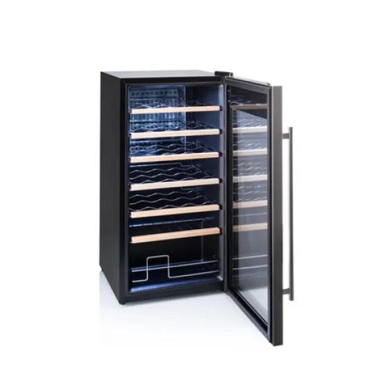 Eta 952990010GN kompresszoros borhűtő, 28 palackos kapacitás, állítható hőmérséklet-tartomány: 5-18 °C, fekete színű rozsdamentes acél ezüst kerettel, 77L, 43x45x84 cm