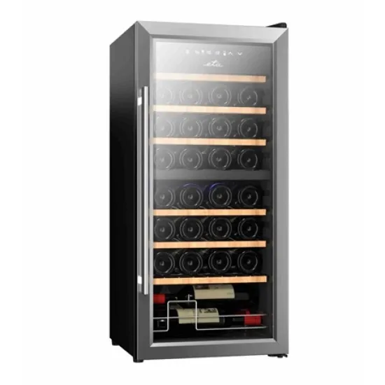 Eta 953590010GN kompresszoros borhűtő, 32 palackos kapacitás, 2 zóna, zónánként állítható hőmérséklet tartomány:5-18 °C, fekete színű rozsdamentes acél ezüst kerettel,86L, 53.5x46.5x88 cm 