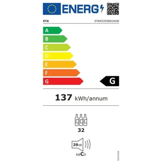 Eta 953590010GN kompresszoros borhűtő, 32 palackos kapacitás, 2 zóna, zónánként állítható hőmérséklet tartomány:5-18 °C, fekete színű rozsdamentes acél ezüst kerettel,86L, 53.5x46.5x88 cm 
