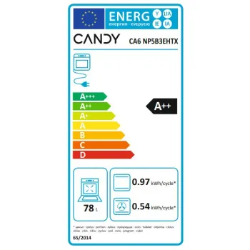 Candy CA6 NP5B3EHTX beépíthető elektromos sütő, 12 funkció, XL sütőtér 78 liter, hidrolitikus tisztítás, 59.5x56.8x59.5 cm 