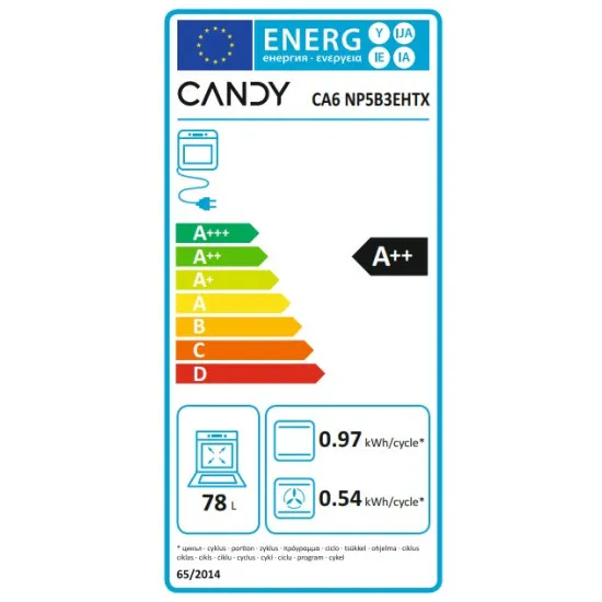 Candy CA6 NP5B3EHTX beépíthető elektromos sütő, 12 funkció, XL sütőtér 78 liter, hidrolitikus tisztítás, 59.5x56.8x59.5 cm 