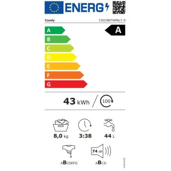 Candy CSO286TWM6/1-S elöltöltős mosógép, 8 kg, inverter, Wifi, 60x54x85 cm