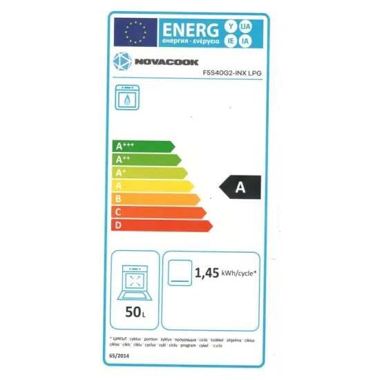 Novacook F5S40G2 INX Inox LPG gáztűzhely PB palackos felhasználásra gyártott, reduktorral tömlővel szerelt tűzhely, szikragyújtás, sütővilágítás, gáz grill, 50x55x87 cm 