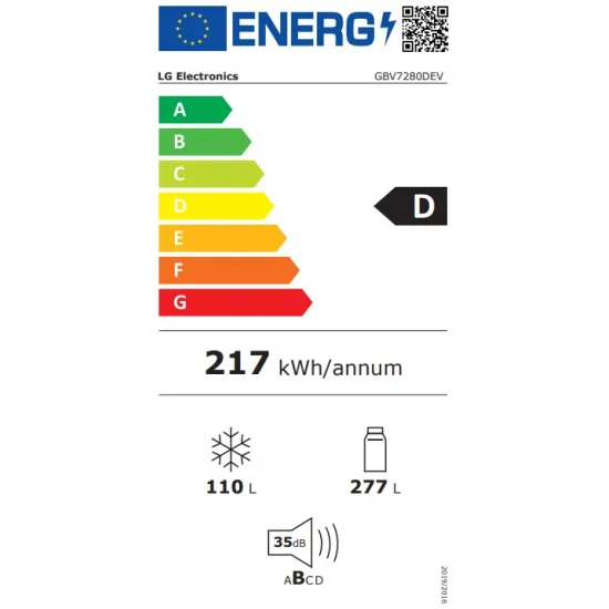 LG GBV7280DEV alulfagyasztós kombinált hűtőszekrény, Smart Inverter Kompresszor, 277/110L, 59.5x68.2x203 cm, fémes fekete szín