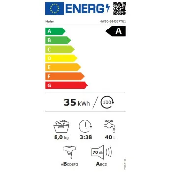 Haier HW80-B14367TU1 elöltöltős mosógép, 8 kg, gőz, inverter motor, Wifi, 59.5x50.7x85 cm