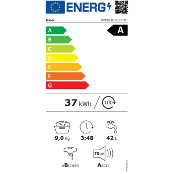 Haier HW90-B14387TU1 elöltöltős mosógép, 9 kg, Wifi, gőz, inverter motor, 59.5x50.2x85 cm