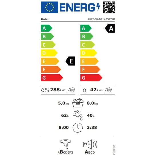 Haier HWD80-BP14357TU1 mosó-szárítógép, 8/5 kg, inverter motor, gőz, Wifi, 59.5x50.7x85 cm