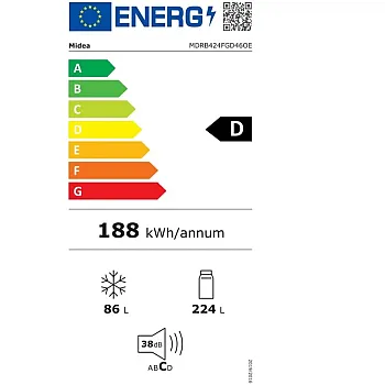 Midea MDRB424FGD46OE No Frost alulfagyasztós kombinált hűtőszekrény,224/86L, inverter motor, 59.5x63x188 cm, inox szín