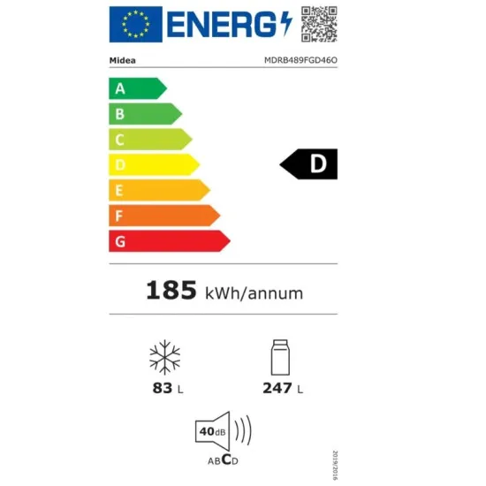 Midea MDRB489FGD46O No Frost alulfagyasztós kombinált hűtőszekrény, 247/83L, inverter motor,59.5x63.5x201 cm, inox szín 