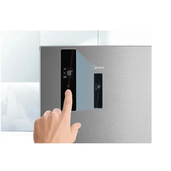 Midea MDRB489FGE02OE No Frost alulfagyasztós kombinált hűtőszekrény, 247/83L, 59.5x63.5x201 cm, inox szín 