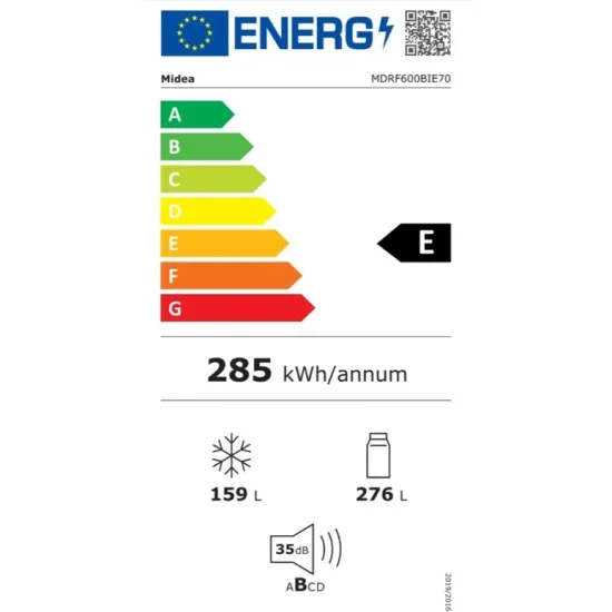 Midea MDRF600BIE70 No Frost side by side hűtőszekrény francia ajtós kialakítással, 276/159L, inverter kompresszor, 73.5x60x191 cm, sötét inox szín 