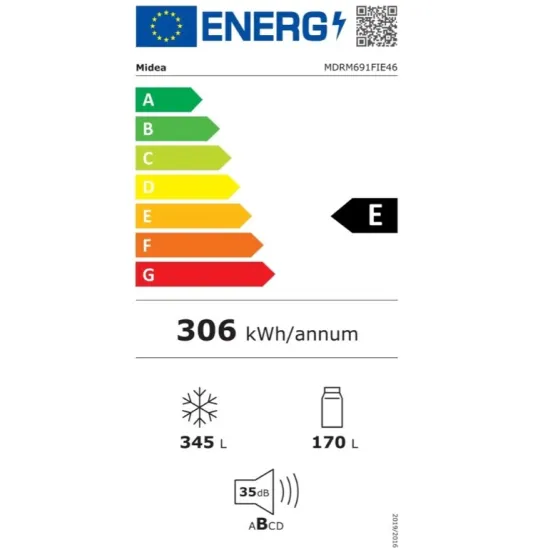Midea MDRM691FIE46 No Frost side by side hűtőszekrény francia ajtós kialakítással, 345/170L, inverter motor, 83.3x65.3x189.8 cm, inox szín 