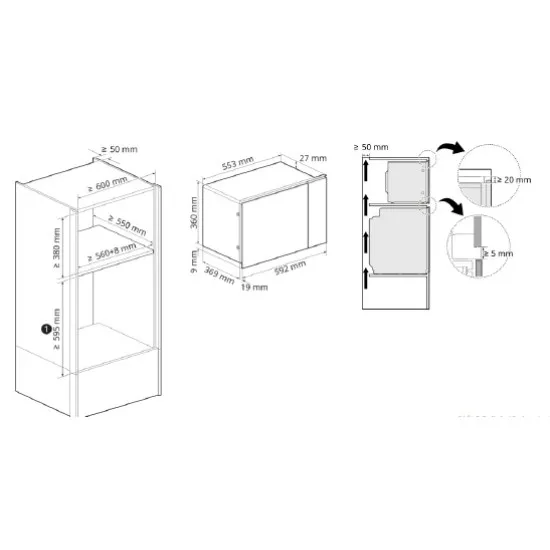 LG MG7Z2593D beépíthető mikrohullámú sütő, 25L, grill, 59.2x38.8x39.6 cm, fekete szín 