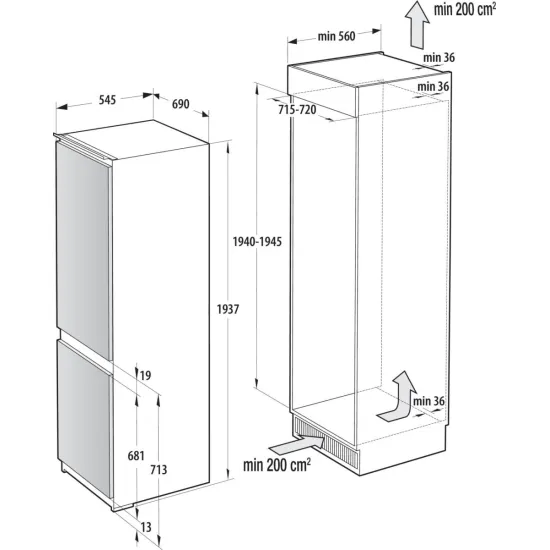 Gorenje NRKI619D61WFE No Frost Dual beépíthető alulfagyasztós kombinált hűtőszekrény, Wifi, 273/104L, inverter kompresszor, 69x54.5x193.6 cm