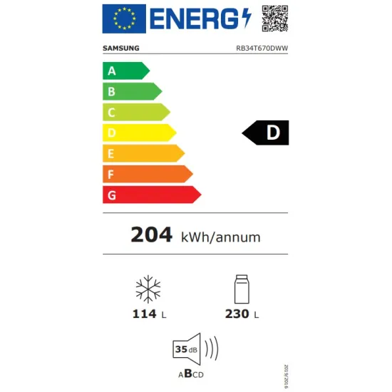 Samsung RB34T670DWW/EF No Frost alulfagyasztós kombinált hűtőszekrény, 230/114L, Digitális Inverter Kompresszor, 59.5x65.8x185.3 cm 