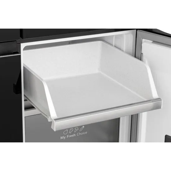 Hisense RQ768N4GBE Total No Frost side by side hűtőszekrény francia ajtós kialakítással, inverteres kompresszor, 381/210L, 91.1x60x190 cm, fekete szín 